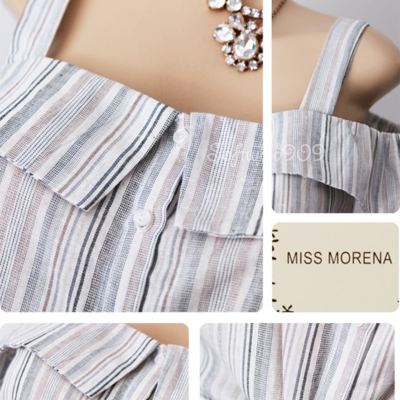 Last☝️ Striped Off Shoulder Button Tie Front Top - Picture 6 of 8